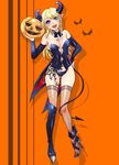  ayase_eli bad_id bad_pixiv_id bangs bare_shoulders black_bow black_neckwear blonde_hair boots bow bowtie breasts bustier demon_tail detached_collar detached_sleeves eyeshadow full_body hair_down halloween hand_on_hip high_heels horns jack-o'-lantern lips long_hair looking_at_viewer love_live! love_live!_school_idol_project makeup mascara medium_breasts mikawa_miso mismatched_footwear navel open_mouth orange_background panties pointy_ears pumpkin runny_makeup shoes single_boot single_shoe smile solo standing strapless swept_bangs tail tattoo thighhighs underwear 