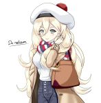  1girl alternate_costume beret blonde_hair blue_eyes coat denim hair_between_eyes hat highres jeans kantai_collection long_hair long_sleeves mole mole_under_eye multicolored multicolored_clothes multicolored_scarf open_clothes open_coat pants richelieu_(kantai_collection) scarf shirt simple_background smile solo tk8d32 white_background white_hat white_shirt 