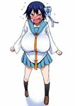  774_(nanashi) alternate_breast_size angry blue_hair blush breasts embarrassed hair_ribbon huge_breasts nisekoi open_mouth ribbon school_uniform short_hair solo tsugumi_seishirou uniform 