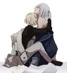  anzai105 bad_id bad_pixiv_id blonde_hair hand_in_another's_hair higekiri_(touken_ranbu) honebami_toushirou hug jacket jacket_removed kneeling male_focus multiple_boys open_mouth reflective_floor sitting tears touken_ranbu white_hair 