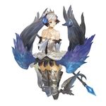  armor armored_dress bare_shoulders choker crown dress griselda_(odin_sphere) gwendolyn hair_ornament hand_on_own_chest holding holding_weapon multicolored multicolored_wings n.a. odin_sphere polearm short_hair simple_background solo spear strapless strapless_dress thighhighs weapon white_hair wings 
