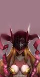  angewomon bare_shoulders blonde_hair blush breastplate breasts character_name cleavage digimon head_wings helmet large_breasts long_hair negative_space smile solo upper_body wings yoyo2doggness 