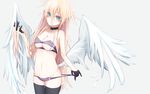  aqua_eyes bad_id bad_pixiv_id black_gloves black_legwear blonde_hair bra breasts choker cleavage collarbone cowboy_shot feathered_wings feathers gloves grey_background hanetsuki_touka highres holding holding_hair large_breasts long_hair looking_at_viewer low_wings original panties panty_pull purple_bra purple_panties simple_background solo thighhighs underwear very_long_hair wings 