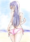  1girl adjusting_clothes adjusting_swimsuit ass bangs beach bikini blue_hair blush butt_crack commentary_request cowboy_shot eyebrows_visible_through_hair from_behind hair_between_eyes kyuusenbinore_(gavion) long_hair looking_at_viewer looking_back love_live! love_live!_school_idol_project open_mouth pink_bikini side-tie_bikini solo sonoda_umi swimsuit yellow_eyes 