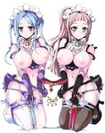  2girls areolae blue_hair blush breasts breasts_outside brown_hair echizen_(hvcv) felicia_(fire_emblem_if) fire_emblem fire_emblem_if flora_(fire_emblem_if) green_eyes kneeling large_breasts long_hair looking_at_viewer maid_headdress multiple_girls navel nipples panties parted_lips puffy_nipples purple_eyes smile thighhighs underwear 