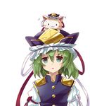 animal animal_on_head aqua_eyes arm_ribbon cat cat_on_head epaulettes green_hair hat hat_ribbon high_collar looking_at_viewer on_head open_mouth ribbon ryogo shiki_eiki short_hair simple_background solo touhou upper_body vest white_background 