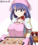  apron baking_sheet blue_eyes cookie cooking dumbbell fate/grand_order fate_(series) food mittens moninora purple_hair saint_martha solo valentine 