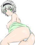  1girl ass bare_shoulders blush breasts green_eyes grey_hair hairband kurogane_shizuku panties rakudai_kishi_no_cavalry short_hair smile underwear 
