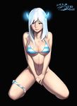  2015 bikini bikini_around_one_leg black_background blue_bikini blue_eyes blush breasts cleavage collarbone covering covering_crotch dated embarrassed full_body glowing glowing_horns highres horns large_breasts lips long_hair looking_at_viewer looking_away nose piyo_(pixiv_2308057) signature silver_hair simple_background solo string_bikini striped striped_bikini swimsuit tearing_up undersized_clothes v_arms white_bikini 