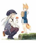  animal_ear_fluff animal_ears black_hat blonde_hair blue_eyes blush boots camera closed_mouth eating food fox_ears fox_tail hat hood jitome looking_at_another looking_down looking_up multiple_girls mushroom necktie original pantyhose poco_(asahi_age) red_eyes shiratama_kitsune shirt shorts simple_background tail thighhighs white_background white_hair white_shirt 