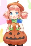  artist_request bangs black_legwear blue_eyes blunt_bangs blush cowboy_shot dual_wielding fang flag hat holding open_mouth pantyhose pink_hair pumpkin_costume scrunchie sleeveless solo wrist_scrunchie 