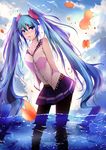  absurdres arm_behind_back black_legwear blue_eyes blue_hair blue_skirt breasts cleavage hair_ornament hatsune_miku highres long_hair medium_breasts outdoors pantyhose pleated_skirt qingye_ling skirt sky solo twintails vocaloid wading water wet 