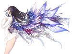  ass bangs bare_back black_hair closed_eyes dress dress_lift floating_hair from_side hair_ornament hands_on_own_chest long_hair long_sleeves misono_reiji open_mouth original profile short_dress solo spine torn_clothes torn_dress white_background white_dress wings 