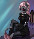  anthro bat_pony biped blue_background clothed clothing dress equine fafecalus feathered_wings feathers female hair long_hair mammal my_little_pony pink_hair pink_tail portrait simple_background sitting solo three-quarter_portrait wings 
