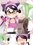  2girls :&lt; angry aori_(splatoon) apron bad_id bad_pixiv_id bandana black_hair blush brown_eyes casual chocolate closed_eyes embarrassed face_licking fang full-face_blush fume highres holding hotaru_(splatoon) licking long_hair looking_at_viewer mask mole mole_under_eye multiple_girls no_eyes open_mouth pointy_ears short_hair silver_hair smile spatula splatoon_(series) splatoon_1 uni_mmtab yuri 