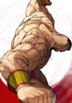  beard bracer clenched_hands facial_hair gameplay_mechanics head_down highres lariat male_focus mohawk muscle nishiide_kengorou scar shirtless short_shorts shorts solo spinning street_fighter thick_thighs thighs veins zangief 