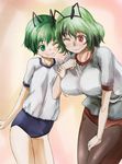  ;) alternate_hairstyle antennae blush breasts buruma flat_chest green_eyes green_hair gym_uniform hairband jewelry kazami_yuuka large_breasts multiple_girls one_eye_closed open_mouth pantyhose pantyhose_under_buruma red_eyes ring short_hair smile touhou wedding_band wriggle_nightbug yohane 