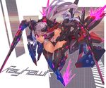  action ass_visible_through_thighs bangs bare_shoulders dual_wielding english eyebrows eyebrows_visible_through_hair fire g.haruka headgear holding lavender_hair leaning_forward leg_up long_ponytail looking_to_the_side mecha mecha_musume navel original parted_lips pink_eyes pink_fire red_pupils see-through serious shiny shiny_skin short_hair solo sword thighs weapon 