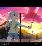  2016 antenna_hair bangs black_border border chestnut_mouth commentary_request dated hair_ribbon highres long_hair miyauchi_renge mountain non_non_biyori open_mouth outdoors outstretched_arms power_lines puchio purple_hair red_eyes ribbon shorts signature solo stick sunset twintails 