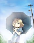  bad_id bad_pixiv_id blonde_hair blue_eyes condensation_trail open_mouth rai-rai short_hair smile solo umbrella 