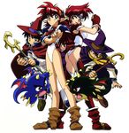  2girls 90s armor artist_request bare_legs blue_eyes blue_hair boots breastplate cape crossed_arms dark_persona elf fingerless_gloves gaw_(popful_mail) gloves green_hair hair_ornament hat leotard looking_back mail_(popful_mail) multiple_boys multiple_girls pointy_ears popful_mail red_eyes shoulder_pads simple_background staff tatto_(popful_mail) white_background wizard_hat 