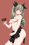  @_@ anchovy apron apron_hold bare_arms bare_shoulders bikini black_bow black_ribbon blush bow breasts brown_background chocolate chocolate_heart collarbone covered_nipples cowboy_shot crazy_eyes drill_hair fingernails food girls_und_panzer green_bow green_hair green_ribbon hair_between_eyes hair_ribbon head_tilt heart highres holding holding_food holding_heart light_smile long_hair looking_at_viewer medium_breasts micro_bikini midriff motion_lines navel no_panties orange_eyes ribbon ribs sidelocks simple_background solo stomach sweatdrop swimsuit thighs trembling tsurime twin_drills twintails underboob valentine visible_air waist_apron wavy_mouth yaruku 