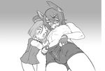  1girl :o abs arms_behind_back ass_visible_through_thighs blush boyshorts breasts bulge commentary_request dress eyebrows eyepatch fang fingerless_gloves genderswap genderswap_(ftm) gloves greyscale kantai_collection leaning_forward looking_down mechanical_halo medium_breasts mikoyan monochrome muscle navel nipples short_hair sweat tatsuta_(kantai_collection) tenryuu_(kantai_collection) thick_eyebrows underwear underwear_only 