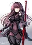 armor bodysuit character_name copyright_name covered_navel fate/grand_order fate_(series) highres karlwolf polearm purple_bodysuit purple_hair red_eyes scathach_(fate)_(all) scathach_(fate/grand_order) solo spear weapon 
