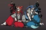  blue_hair character_name frown grin haruna_mahiru high_ponytail horn horns japanese_clothes kataginu long_hair looking_at_viewer male_focus multiple_boys onigama onigumo_(youkai_watch) red_hair sandals sitting sleeveless smile socks very_long_hair youkai youkai_watch 