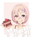  :q blonde_hair blush bra_strap cake chocolate chocolate_cake food food_on_face glasses kawagoe_pochi licking_lips looking_at_viewer off_shoulder original red_eyes short_hair smile solo sweater tongue tongue_out 