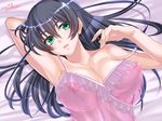  arm_behind_head arm_up armpits babydoll bad_id bad_pixiv_id bare_shoulders black_hair breasts cleavage collarbone commentary_request covered_nipples green_eyes honoka_(ranukirai) igawa_asagi large_breasts long_hair looking_at_viewer lying nipples on_back on_bed see-through solo taimanin_(series) taimanin_asagi 