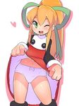  bad_id bad_twitter_id blonde_hair boots dress dress_lift green_eyes inactive_account long_hair navel one_eye_closed open_mouth panties ponytail popporunga ribbon rockman roll smile solo underwear very_long_hair white_panties 