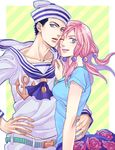  1girl anchor_symbol arm_around_waist black_hair blue_eyes collarbone dixie_cup_hat flower_skirt hand_on_hip hat higashikata_jousuke_(jojolion) hirose_yasuho jojo_no_kimyou_na_bouken jojolion lipstick makeup military_hat neck one_eye_closed pink_hair pink_lipstick quad_tails sailor_collar skirt smile striped striped_background yellow_lipstick yukiji 