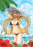  :d bikini black_bikini bow breasts cloud corona_timir covered_nipples day flower hair_bow hat hibiscus large_breasts long_hair lyrical_nanoha mahou_shoujo_lyrical_nanoha mahou_shoujo_lyrical_nanoha_vivid marker_(medium) ocean older open_mouth palm_tree sky smile solo swimsuit takecha traditional_media tree twintails 