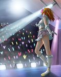  1girl boots crowd elbow_gloves from_behind from_below full_body gloves glowstick highres idol indoors kousaka_honoka light_rays light_stick love_live!_school_idol_project orange_hair outstretched_arm pixelspam short_hair side_ponytail silhouette snow_halation solo_focus stage stage_lights standing white_gloves 