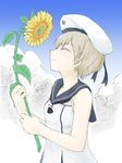  alternate_costume bad_id bad_pixiv_id closed_eyes cloud commentary_request day dress flower hat holding holding_flower kantai_collection nemubusoku sailor_collar sailor_dress sailor_hat short_hair silver_hair sleeveless smile solo sunflower white_hat z1_leberecht_maass_(kantai_collection) 