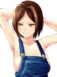  3: armpits arms_behind_head arms_up bad_id bad_pixiv_id blush breasts brown_eyes brown_hair cleavage collarbone large_breasts looking_at_viewer looking_away looking_to_the_side naked_overalls original overalls pursed_lips short_hair simple_background solo upper_body uramiyuki white_background 