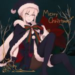 :d artoria_pendragon_(all) black_legwear blonde_hair cape christmas english fate/grand_order fate_(series) flower gloves hat highres nk open_mouth pantyhose ribbon santa_alter sitting smile solo thighhighs twig yellow_eyes 