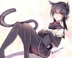  ahoge animal_ears bad_id bad_twitter_id black_gloves black_legwear black_skirt breasts brown_hair cat_ears cat_tail cis_(carcharias) gloves hairband hatsuzuki_(kantai_collection) headband kantai_collection kemonomimi_mode looking_at_viewer medium_breasts miniskirt pantyhose parted_lips paw_pose pleated_skirt puffy_short_sleeves puffy_sleeves school_uniform serafuku short_hair short_sleeves skirt solo tail yellow_eyes 