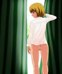  1boy androgynous armin_arlert ass blonde_hair blue_eyes bottomless c3_piyo curtains from_behind looking_back see-through shingeki_no_kyojin shirt short_hair testicles uncensored 