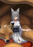  animal animal_ears collarbone fox fox_ears hair_ornament hair_over_one_eye hairclip hamakaze_(kantai_collection) highres japanese_clothes kantai_collection kemonomimi_mode kimono looking_at_viewer obi oversized_animal sash short_hair simple_background solo wasabi60 white_background 