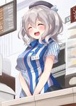  :d ^_^ black_skirt blush closed_eyes convenience_store duplicate employee_uniform grey_hair hat igakusei kantai_collection kashima_(kantai_collection) lawson name_tag open_mouth shop short_sleeves skirt smile solo store_clerk striped twintails uniform 