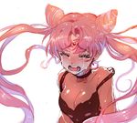  bishoujo_senshi_sailor_moon black_dress black_lady blush breasts chibi_usa choker cleavage closed_eyes crescent crying double_bun dress facial_mark forehead_mark long_hair medium_breasts mizukoma open_mouth pink_hair solo streaming_tears tears twintails upper_body very_long_hair 