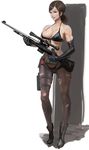  1girl bikini black_bikini black_gloves breasts brown_background brown_hair cleavage collarbone front-tie_bikini front-tie_top gloves gradient gradient_background green_eyes metal_gear_(series) metal_gear_solid metal_gear_solid_v mikazuki_shigure open_mouth ponytail quiet_(metal_gear) rifle single_elbow_glove sniper_rifle solo suspenders swimsuit toned white_background 