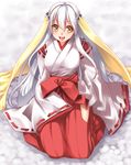  :d alstroemeria_(flower_knight_girl) bow flower_knight_girl full_body japanese_clothes kimono kneeling long_hair looking_at_viewer miko open_mouth red_bow smile solo takase_muu veil white_hair yellow_eyes 