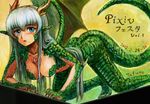  :o all_fours artist_name blue_eyes blush breasts dated dragon_girl dragon_wings green_wings hanging_breasts horns long_hair looking_at_viewer medium_breasts monster_girl oil_painting_(medium) open_mouth original pixiv_festa pointy_ears scales silver_hair slit_pupils solo tafuto tail traditional_media wings 