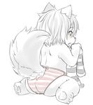  animal_ears bad_id bad_pixiv_id from_behind furry monochrome panties rai-rai simple_background solo striped striped_panties tail topless underwear white_background 