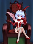  bat_wings chair chin_rest crossed_legs dominatrix elbow_gloves gloves highres looking_at_viewer m-shiganai purple_hair red_eyes red_gloves remilia_scarlet ribbon sitting solo touhou wings 