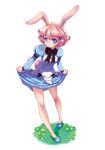  animal_ears blue_eyes bunny_ears bunny_tail dress dress_lift hair_ornament kawagoe_pochi original pink_hair smile solo tail 