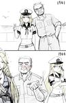  2girls 2koma age_progression belt blush cigarette comic crossed_arms enterprise_(pacific) face_slap_mark hand_on_shoulder highres kantai_collection midriff military military_uniform monochrome multiple_girls navel new_jersey_(pacific) original pacific pocket real_life ribbon sailor_collar simple_background sketch slap_mark sparkle standing uniform v white_background william_halsey_jr y.ssanoha 